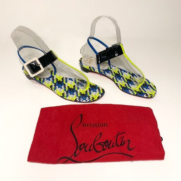 Christian Louboutin Shoes - Christian Louboutin Beltega Flat Sandal EU 36.5 US 6.5 Neon Houndstooth Buckle